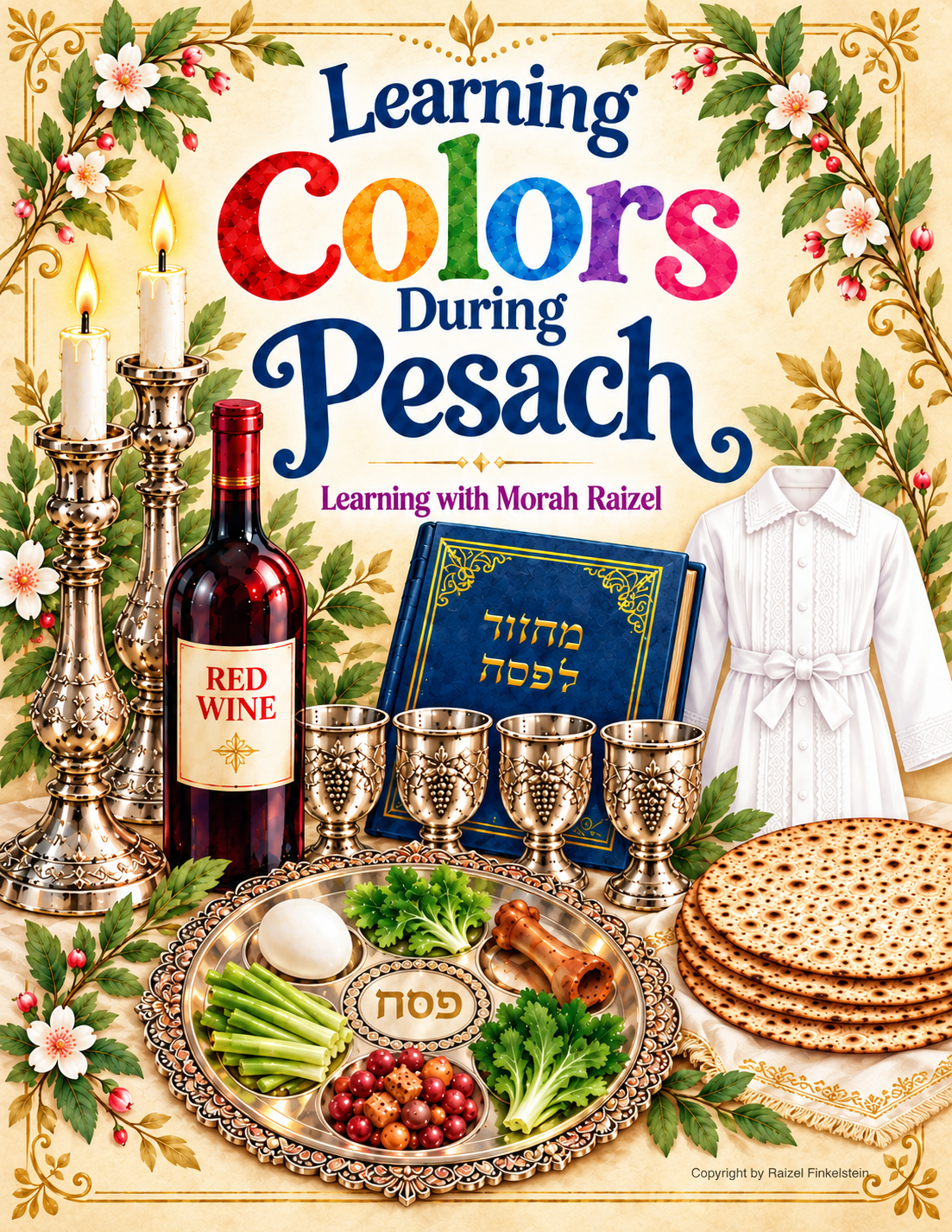 Learning Colors During Pesach book cover with candles, wine, a seder plate, and matzah
